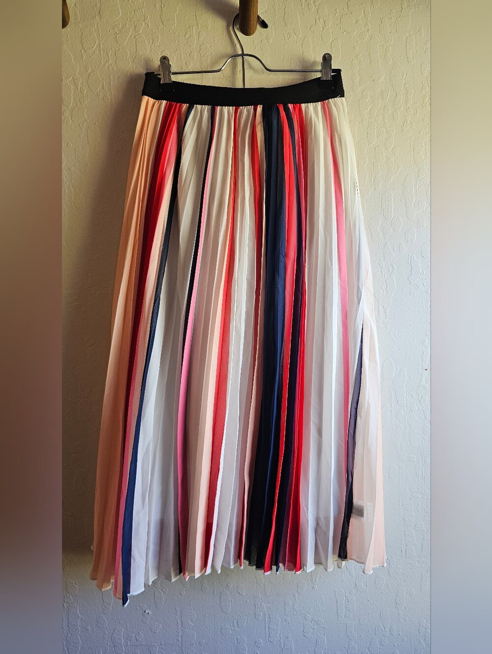 Pleated Multi-Stripe Midi Skirt in Pink, Red & Navy